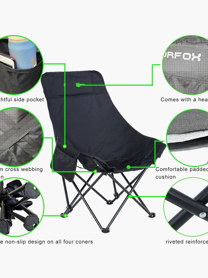 Scaun de camping, reglabil, pliabil, cu spătar înalt, tapițat cu buzunar lateral - imagine 4