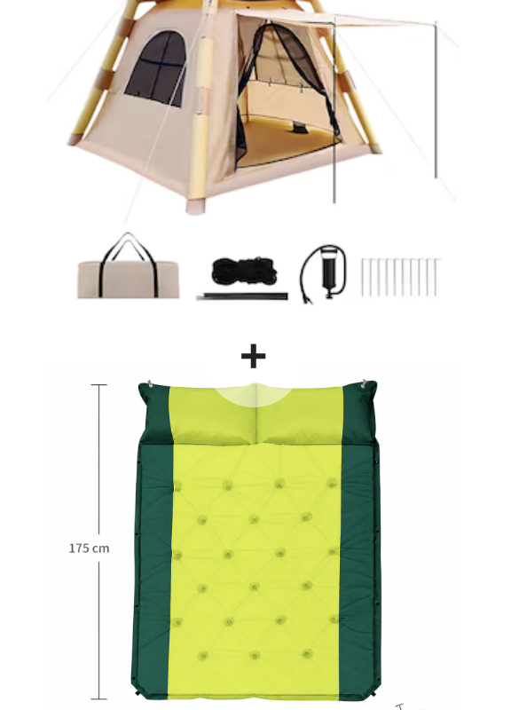 Cort de camping cu saltea inclusa - gonflabil si impermeabil pentru pentru 2-4 persoane - Montaj usor, cort autoportant cu pompa manuala + Saltea Gonflabila Outdoor pentru Camping si Drumetii, 2 Persoane, cu Perna Integrata si Design Compact 175 cm x 130 cm